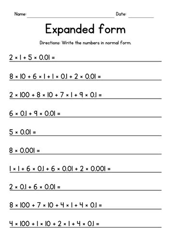 Expanded Form With Decimals Worksheets